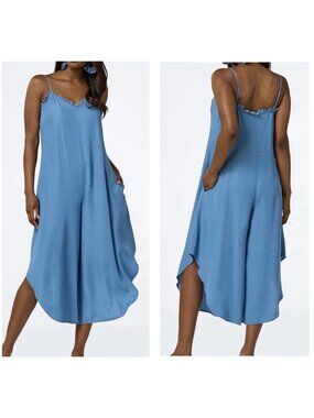 CATO Blue Frayed Chambray Jumpsuit Wide Barrel Leg Size 22W/24W Boho